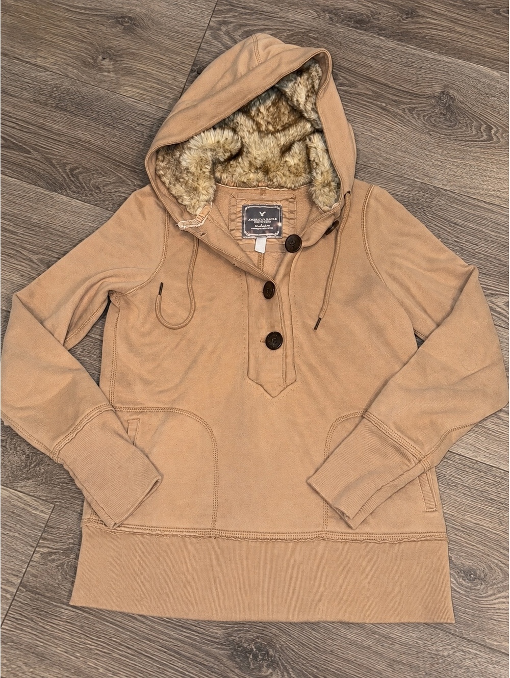 American Eagle AE 77 Faux Fur Hood Pullover Hoodie Women’s M Y2K Brown
